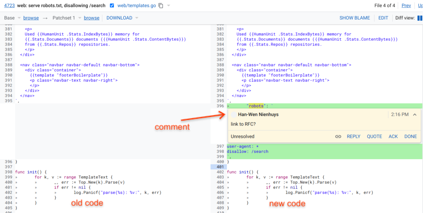 user review ui side by side diff screen
